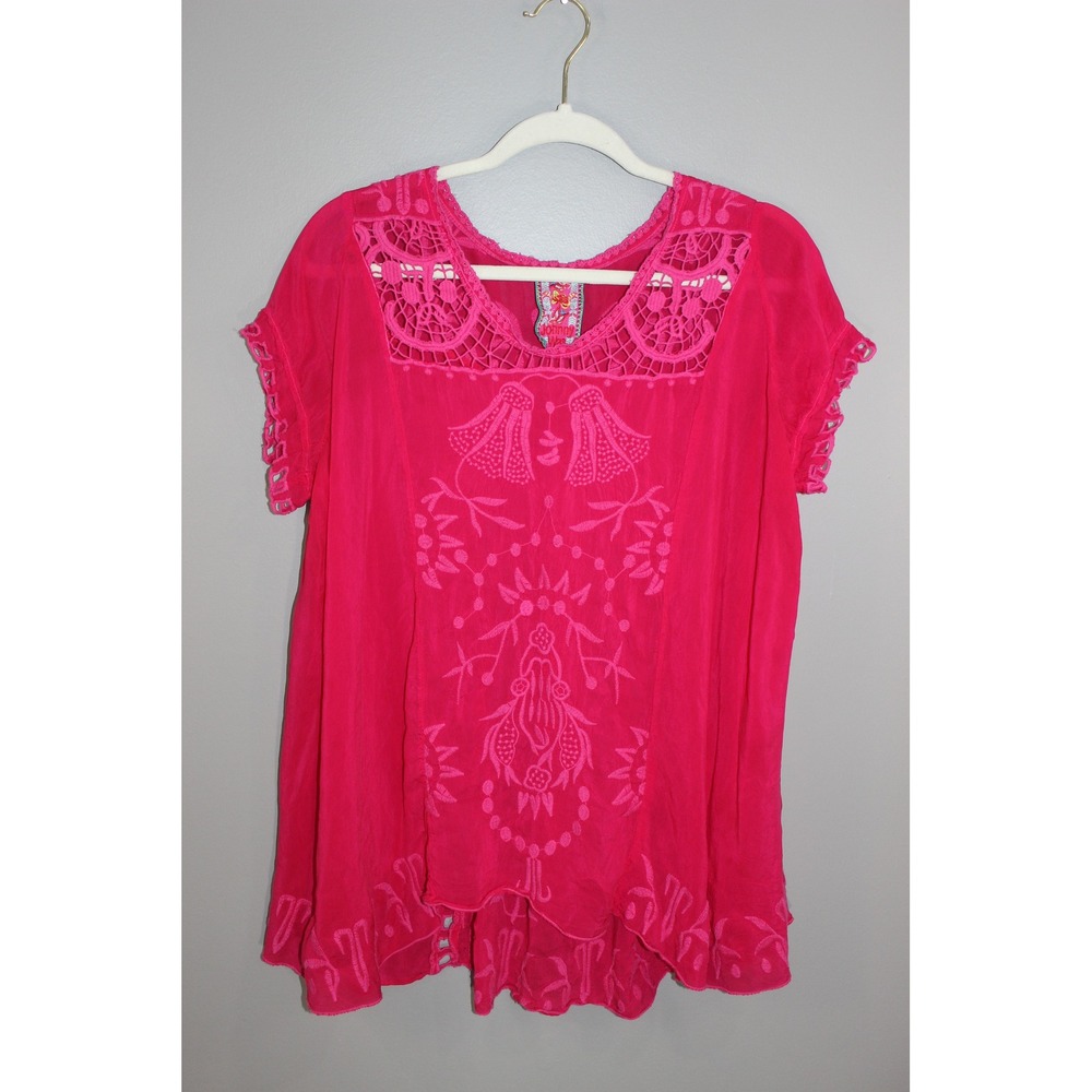 Johnny Was Tunic Top Womens L Pink Great Embroidered Crochet Rayon C17318-2